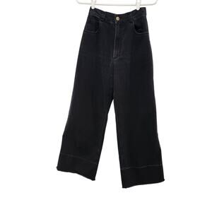 Rachel Comey Black Retro Cropped High Rise Wide Leg Pants Frayed Hem Size 2